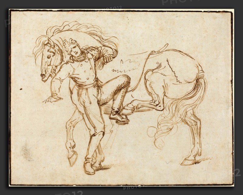 Luigi Sabatelli I (Italian, 1772 - 1850), Cavalryman Mounting a Horse, pen and brown ink on laid paper