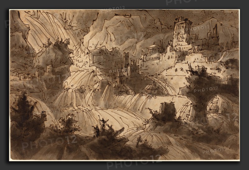 Antonio Basoli (Italian, 1774 - 1848), Mountain Torrents Flooding a City, before 1839, pen and brown ink with brown-gray wash over graphite on laid paper