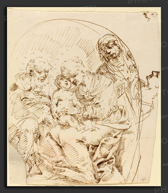 Attributed to Donato Creti (Italian, 1671 - 1749), Holy Family with Saint Anne and Female Head in Profile, pen and brown ink on laid paper