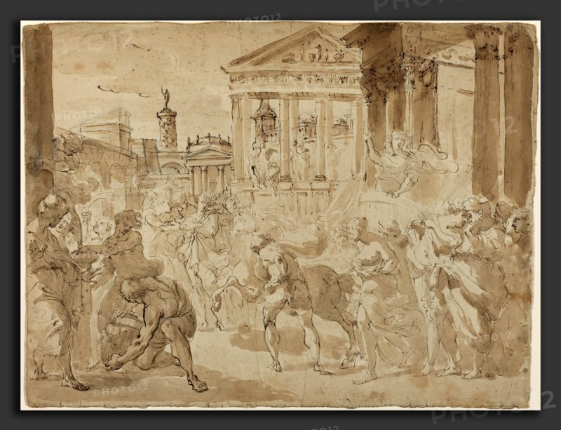 Gaetano Gandolfi (Italian, 1734 - 1802), A Triumphal Procession in Ancient Rome, c. 1780, pen and brown ink with brown wash over graphite and black chalk