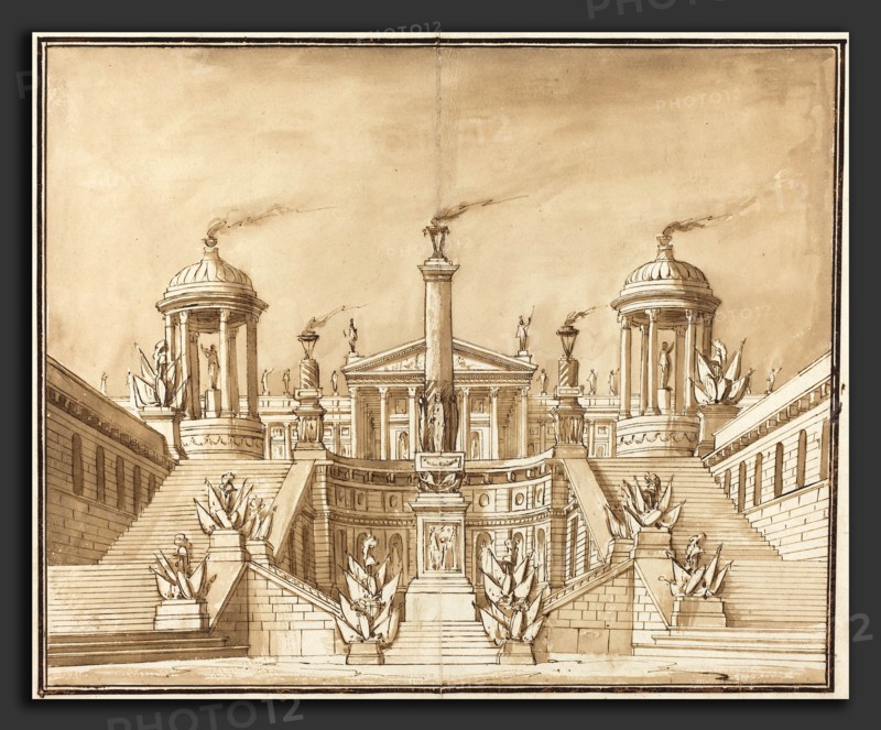 Pietro Gonzaga (Italian, 1751 - 1831), Fantasy of an Ancient Capitol with Trophies and Grand Staircases, c. 1800, pen and brown ink with brown wash on laid paper