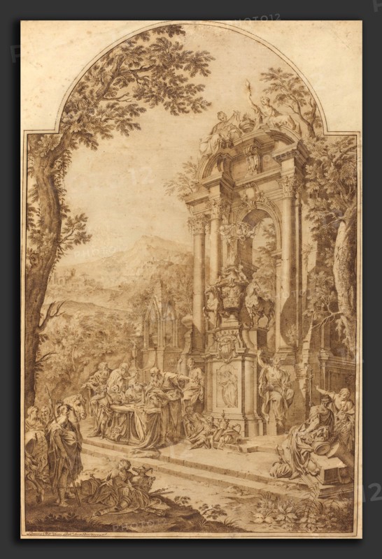 Domenico Maria Fratta (Italian, 1696 - 1763), Monument to William Chancellor Cowper, 1732, pen and brown ink over traces of black chalk on laid paper; partially pricked for transfer