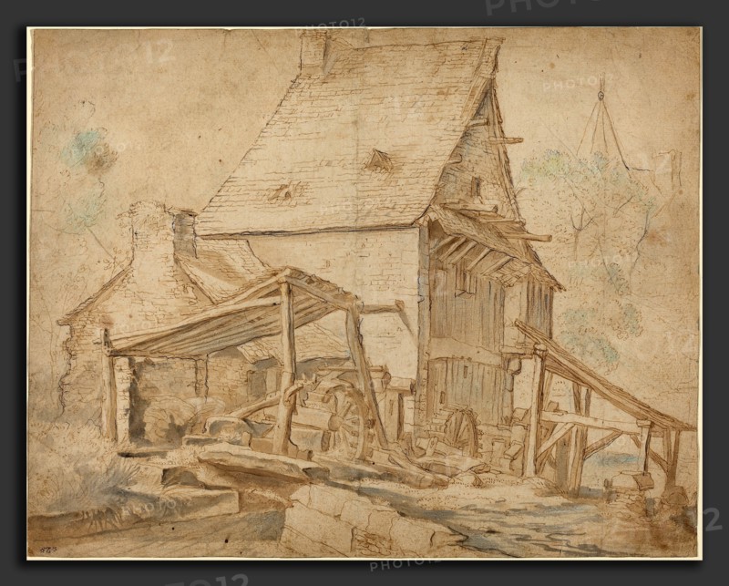 Cornelis Willaerts (Dutch, active 1622 - 1666), An Old Water Mill, pen and brown and black ink with gray and brown wash and blue and green chalk over graphite on laid paper