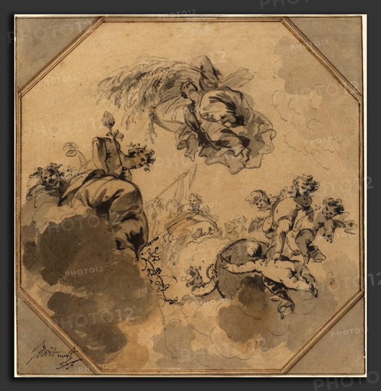 Jacob de Wit (Dutch, 1695 - 1754), Study for a Ceiling: Allegory of the Harvest with Dionysus and Ceres, pen and black and brown inks with gray and brown washes on laid paper