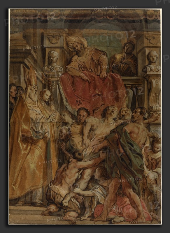 Jacob Jordaens (Flemish, 1593 - 1678), Saint Martin of Tours Healing the Servant of Tetrodius, c. 1630, watercolor and gouache over black chalk on four joined sheets of laid paper