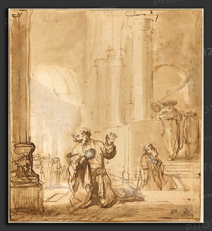 Studio of Rembrandt van Rijn, The Parable of the Publican and the Pharisee, 1645-1655, reed pen and brown ink with brown wash, heightened with white on laid paper