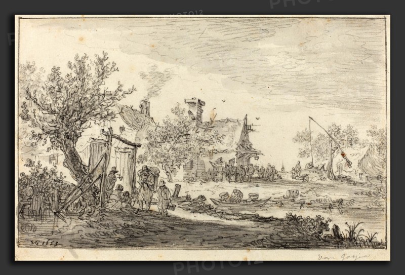 Jan van Goyen (Dutch, 1596 - 1656), Wayside Inn, 1653, black chalk with gray wash on laid paper