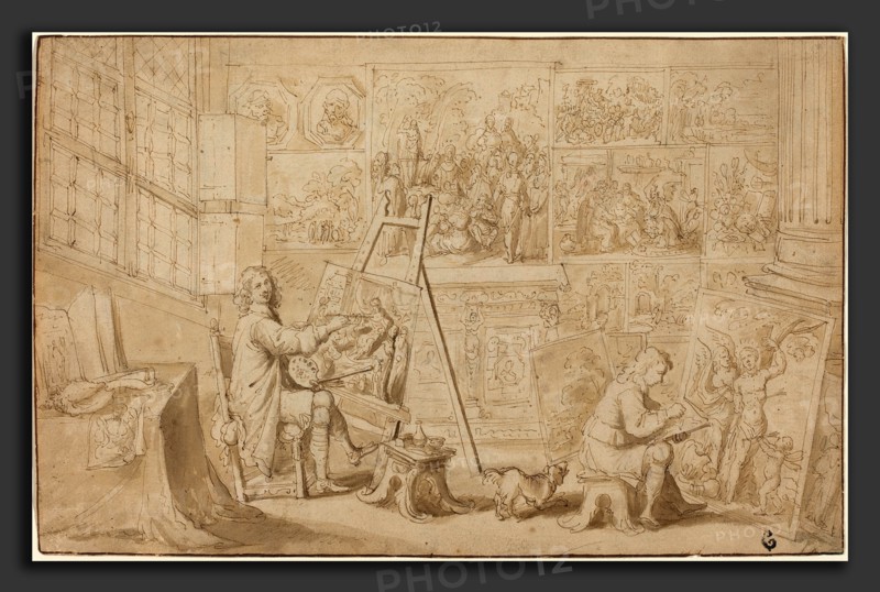 Frans Francken the Younger (Flemish, 1581 - 1642), An Artist's Studio [recto], pen and brown ink with brown wash over black  chalk on laid paper