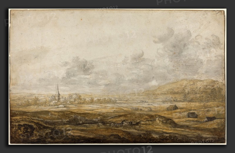 Aelbert Cuyp (Dutch, 1620 - 1691), Panoramic Landscape along the Rhine, 1640s, black chalk with yellow, brown, and gray wash and touches of gum arabic on laid paper
