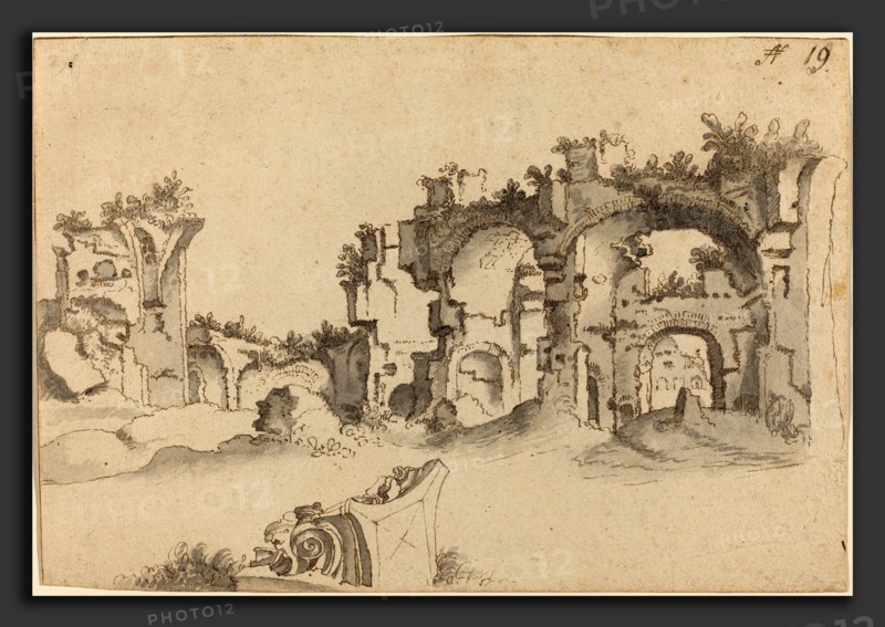 Willem van Nieuwlandt II (Dutch, 1584 - 1635-1636), The Baths of Caracalla, Rome, pen and brown ink with gray wash on laid paper