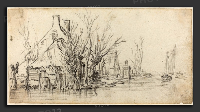 Jan van Goyen (Dutch, 1596 - 1656), Cottages by a River, c. 1627-1629, black chalk with touches of graphite on laid paper