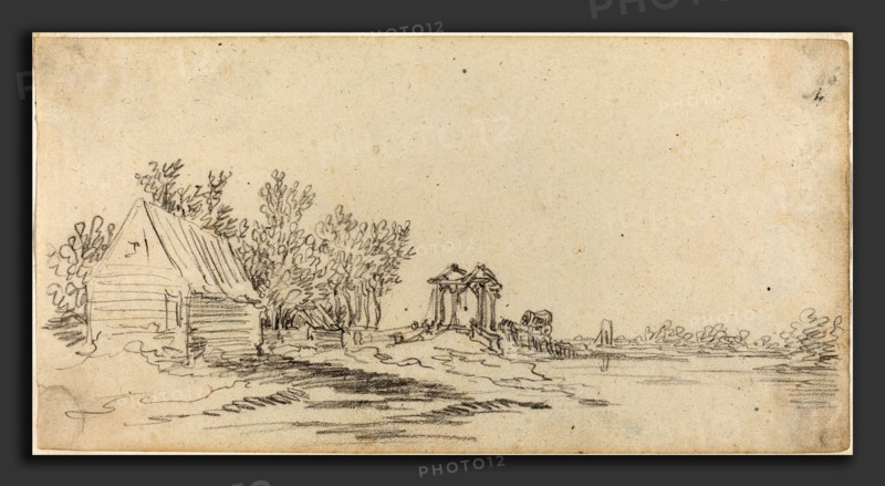 Jan van Goyen (Dutch, 1596 - 1656), River Landscape with a Distant Bridge, c.1627-1629, black chalk on laid paper
