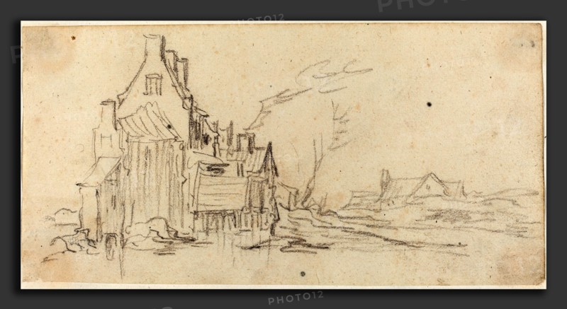 Jan van Goyen (Dutch, 1596 - 1656), Houses by a Road, c.1627-1629, black chalk on laid paper