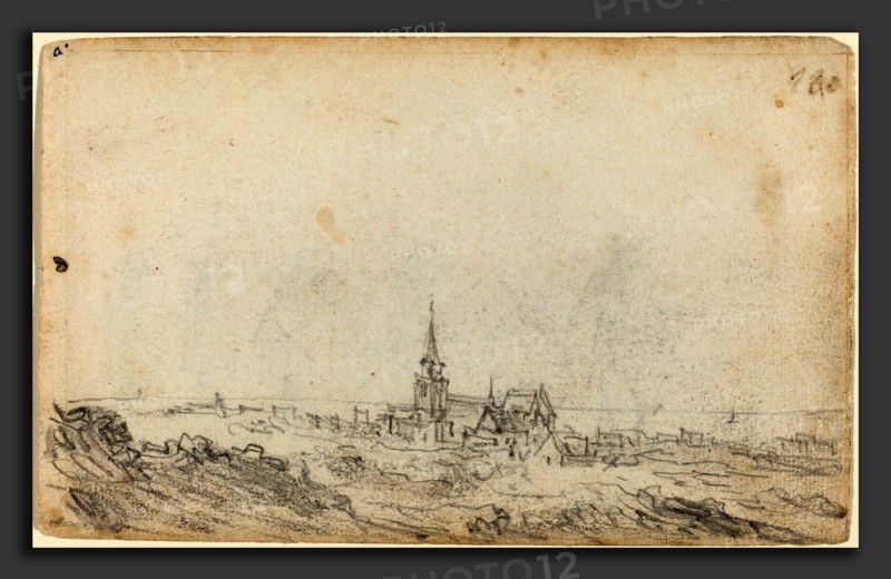 Jan van Goyen (Dutch, 1596 - 1656), View of Scheveningen [recto], probably c. 1650-1652, gray wash over black chalk on buff paper; border in pen and black ink added by later hand