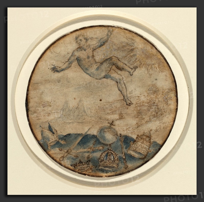 Flemish 17th Century, Man Falling from the Sky, pen and brown ink with blue wash and touches of black ink, incised for transfer, on laid paper