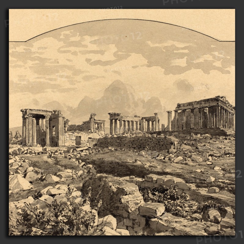 Themistocles von Eckenbrecher (German, 1842 - 1921), The Parthenon from the East, 1890, pen and black ink and watercolor over black chalk and graphite