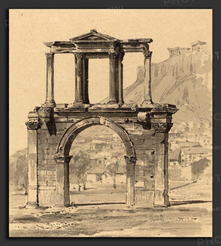 Themistocles von Eckenbrecher (German, 1842 - 1921), Hadrian's Arch, 1890, pen and black ink and watercolor over black chalk