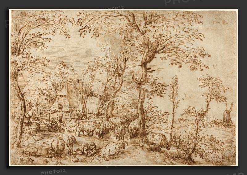 Pieter Bruegel the Elder (Flemish, c. 1525-1530 - 1569), Peasants and Cattle near a Farmhouse, c. 1553-1554, pen and brown ink on laid paper
