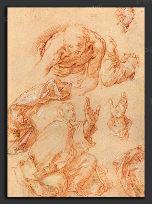 Abraham Bloemaert (Dutch, 1564 - 1651), Studies of Hands and Bending Figures, red chalk heightened with white