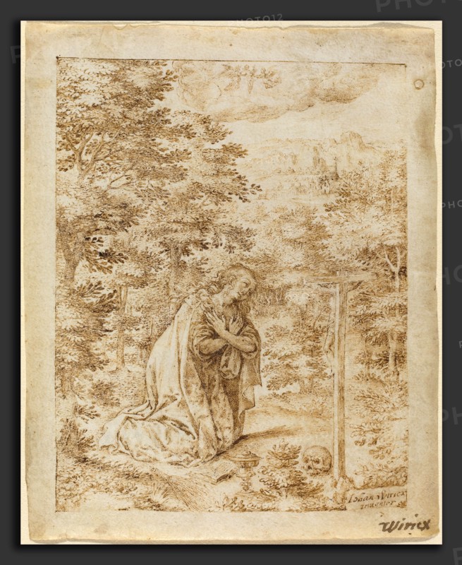Johan Wierix (Flemish, c. 1549 - 1615 or after), Mary Magdalene Praying in the Wilderness, pen and brown ink on vellum; laid down