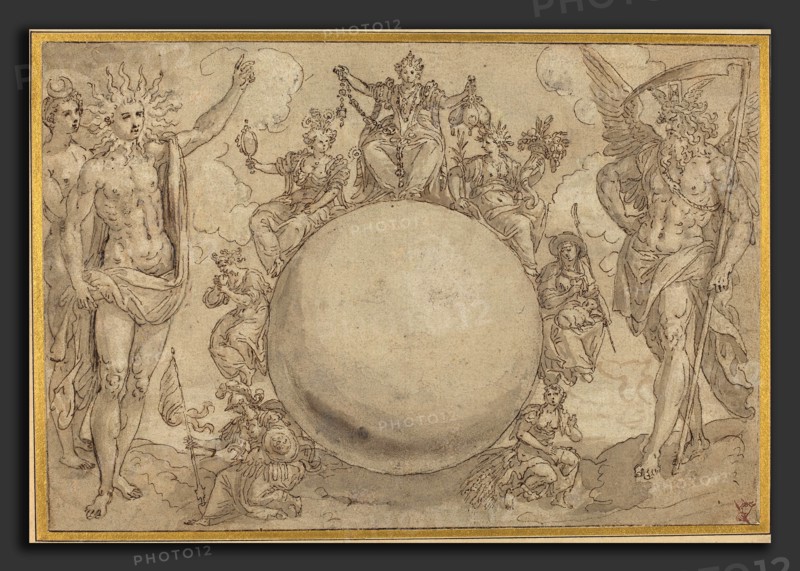 Maarten de Vos (Flemish, 1532 - 1603), Apollo, Diana, and Time with the Cyclic Vicissitudes of Human Life, c. 1561, pen and brown ink with gray wash over traces of graphite
