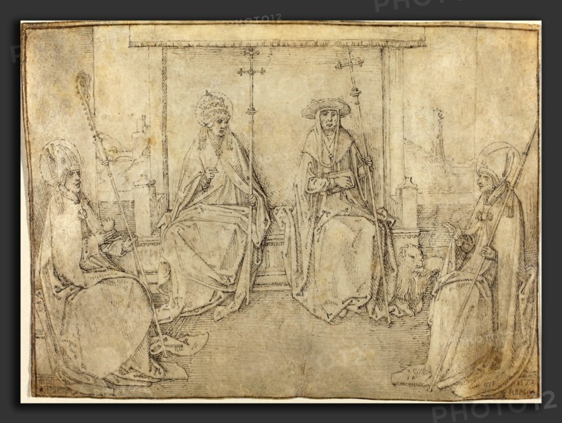 Workshop of Valentijn van Orley (Netherlandish, 1466 - 1532), The Four Latin Fathers of the Church, 1510-1515, pen and brown ink over black chalk on vellum