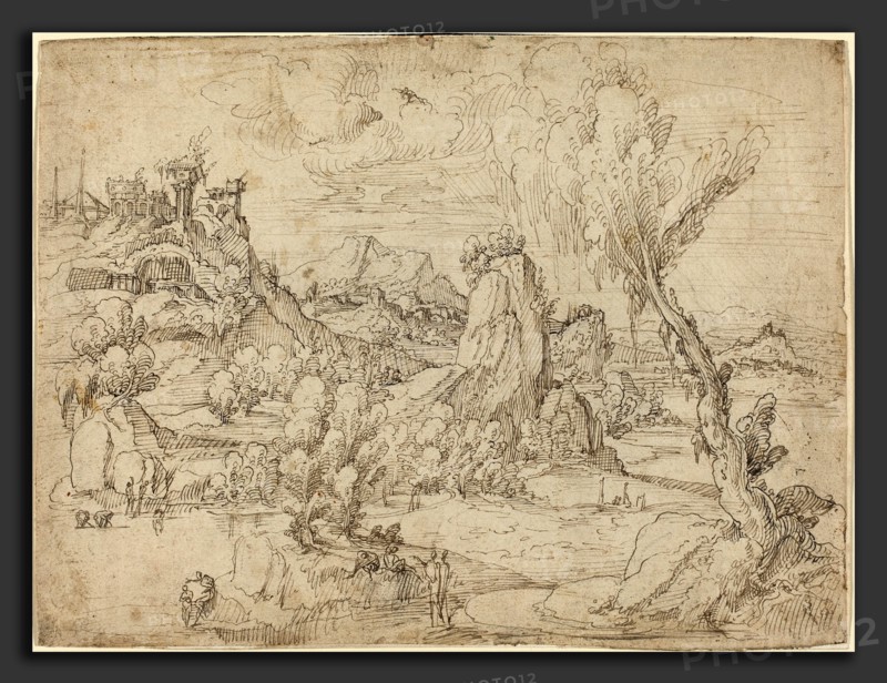 Attributed to Pieter Cornelisz Kunst (Netherlandish, c. 1489-1490 - 1560-1561), Landscape with the Baptism of Christ, c. 1530, pen and brown ink on laid paper