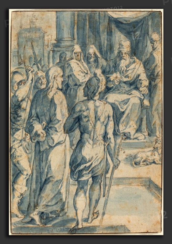 Crispen van den Broecke (Netherlandish, 1524 - 1591), Christ before Caiaphas, pen and brown ink with blue wash, indented with stylus