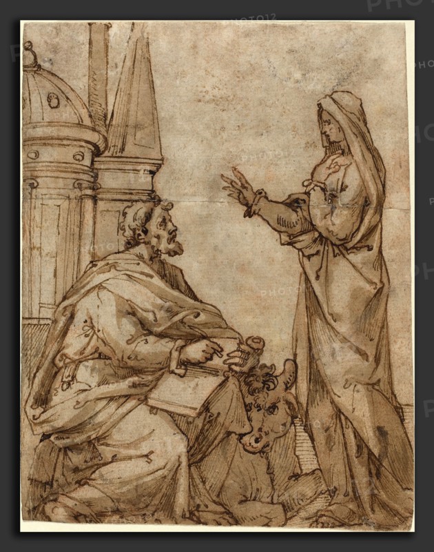 Netherlandish 16th Century, Saint Luke, second half 16th century, pen and brown ink with brown wash over red chalk on laid paper