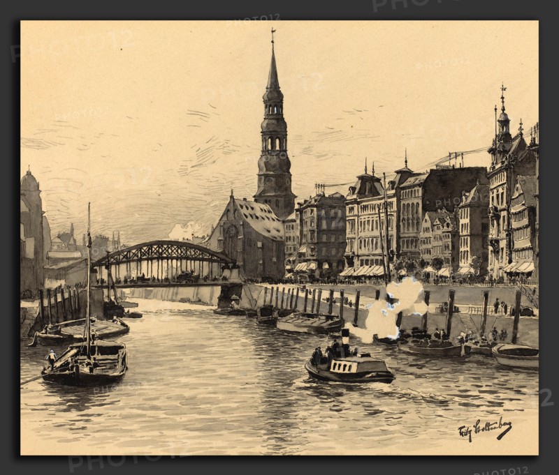 Fritz Stoltenberg (German, 1855 - 1921), Dovenfleet mit Katharinenkirche, 1893, watercolor