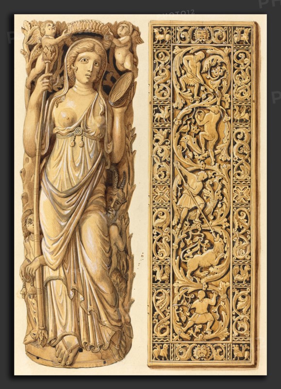 Herman Wilhelm Soltau (German, 1812 - 1861), Renderings of an Ivory Carving of Ariadne from the 6th Century and an Ivory Plaque from the 9th Century, watercolor and graphite