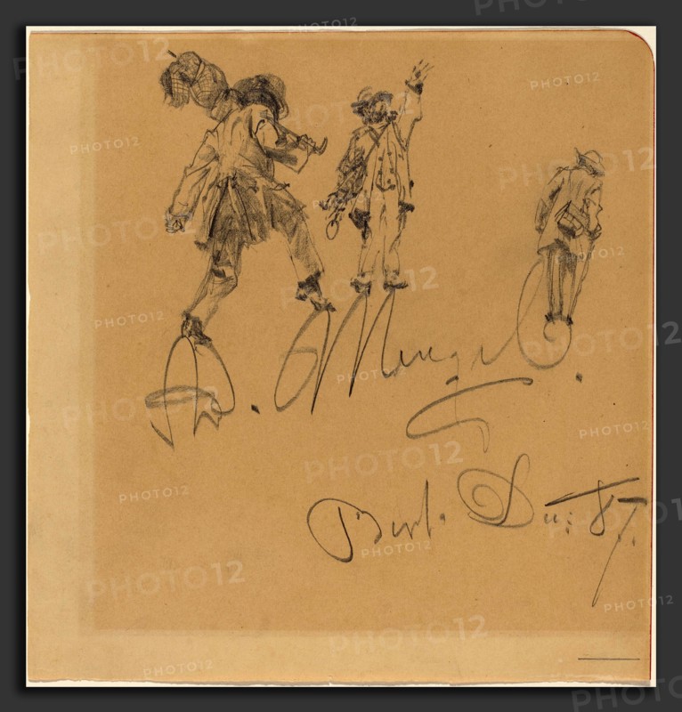 Adolph Menzel (German, 1815 - 1905), Three Hobos on the Artist's Signature, 1887, graphite on light brown wove paper