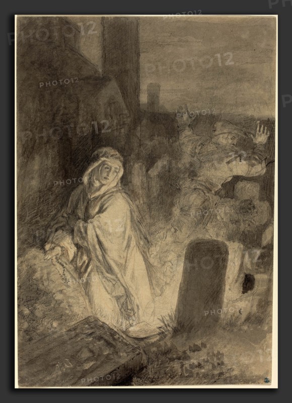 Joseph Fay (German, 1813 - 1875), A Man Fleeing from a Nun Praying in a Cemetery, graphite and gray wash on wove paper