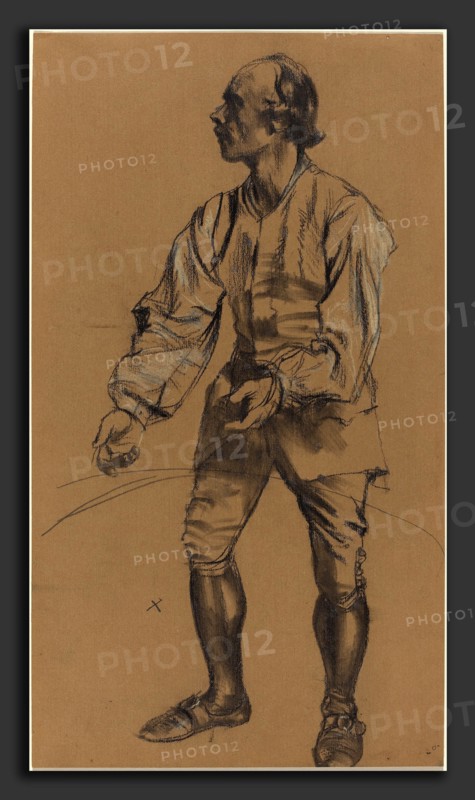 Adolph Menzel (German, 1815 - 1905), Richard Menzel Posing in Eighteenth-Century Costume, 1854, graphite with stumping, heightened with yellow, on brown laid paper
