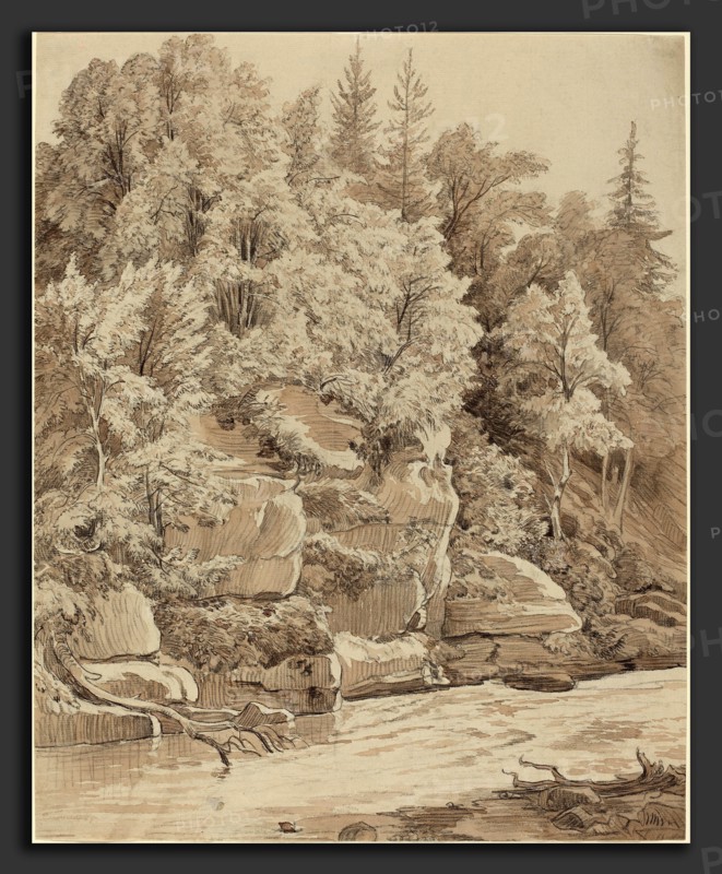 Carl Wagner (German, 1796 - 1867), Wooded Cliffs along a Stream, 1840s, black chalk with brown wash on laid paper
