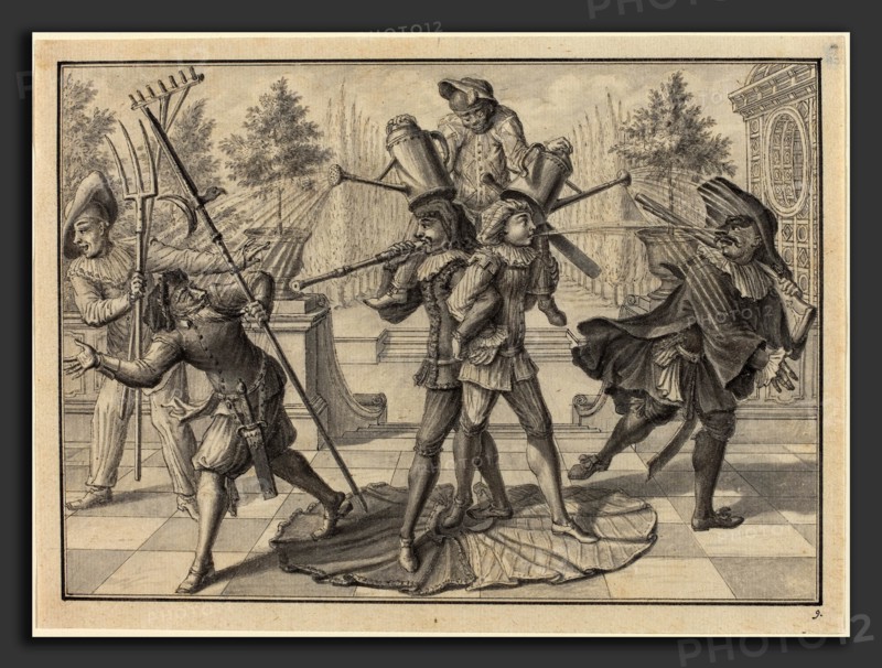 Johann Jacob SchÃ¼bler (German, 1689 - 1741), Harlequin and Scaramouche Create a Fountain, 1729, pen and black ink and gray wash on laid paper, scored for transfer