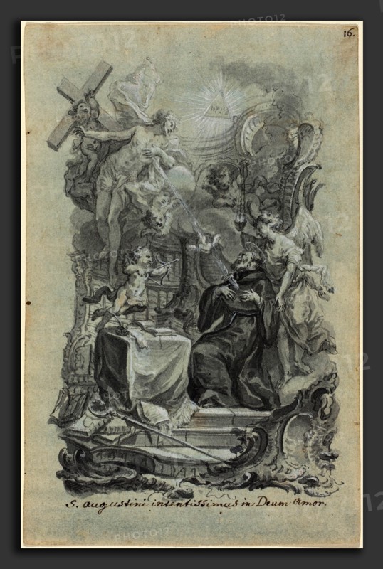 Joseph Christ (German, 1732 - 1788), Saint Augustine's Zealous Love of God, pen and gray ink with gray wash and white heightening, incised for transfer on laid paper