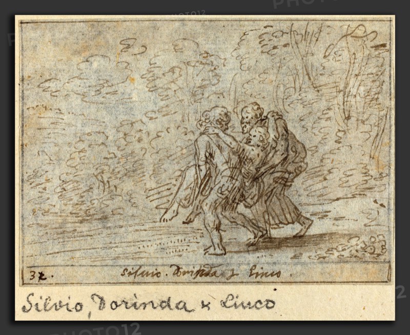 Johann Wilhelm Baur (German, 1607 - 1641), Silvio, Dorinda and Linco, 1640, pen and brown ink with brown wash on laid paper