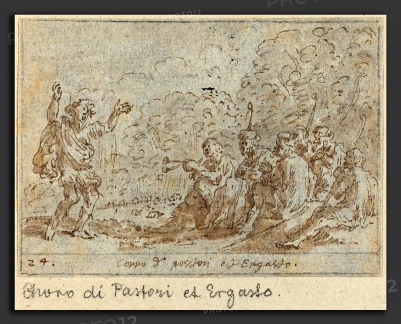 Johann Wilhelm Baur (German, 1607 - 1641), Chorus of Shepherds and Ergasto, 1640, pen and brown ink with brown wash on laid paper