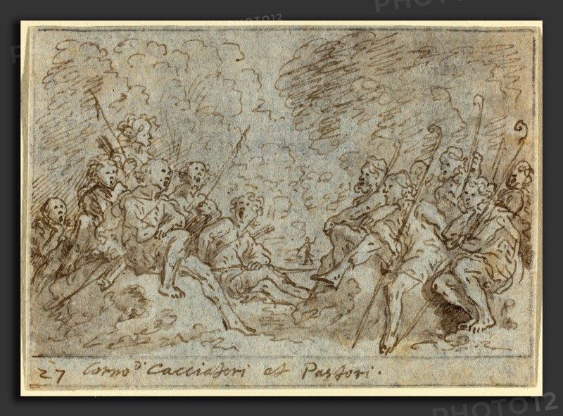 Johann Wilhelm Baur (German, 1607 - 1641), Chorus of Hunters and Shepherds, 1640, pen and brown ink with brown wash on laid paper