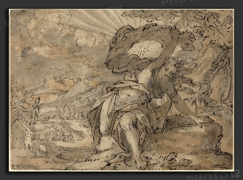 German 17th Century, Allegorical Female Figure in a Landscape [recto], c. 1600, pen and brown ink with gray and brown wash