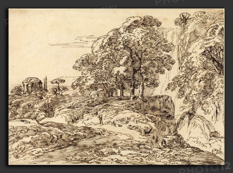 Franz Innocenz Josef Kobell (German, 1749 - 1822), Pastoral Landscape with a Waterfall and a Temple, pen and brown ink on laid paper