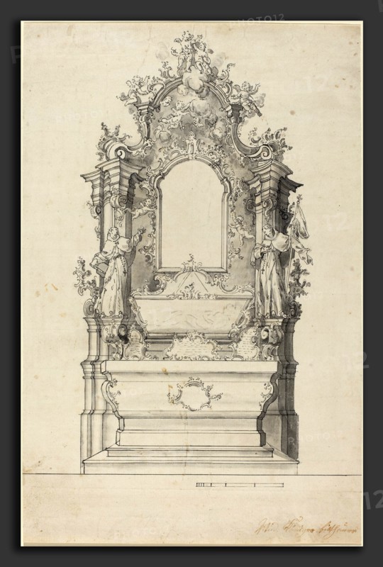 Veit KÃ¶niger (German, 1729 - 1792), Rococo Altar with a Reliquary Tomb, 1760s, pen and black ink with gray wash on laid paper
