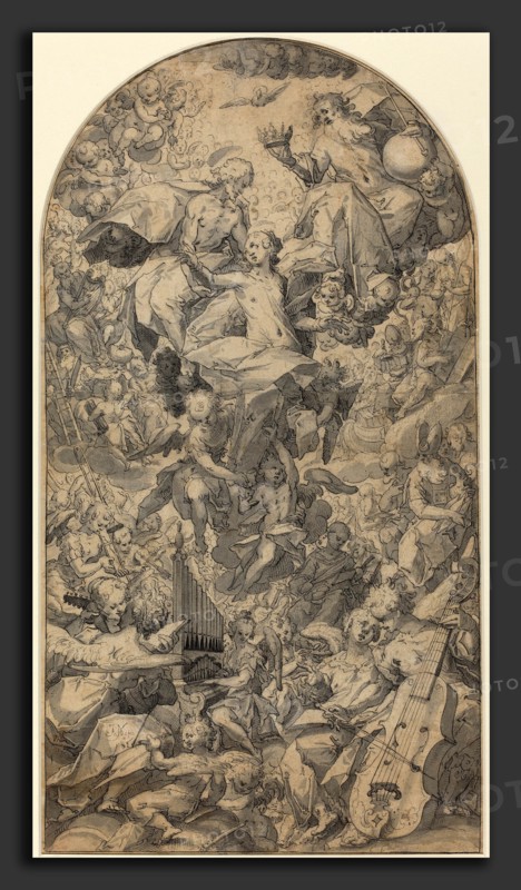 Master J.N. (German or Netherlandish, active late 16th century), The Coronation of the Virgin with Angel Musicians and All Saints, c. 1590, pen and black ink with gray wash on laid paper