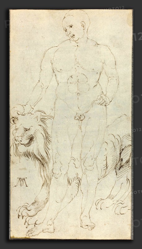 Albrecht DÃ¼rer (German, 1471 - 1528), Male Nude with a Lion, c. 1500, pen and brown ink on laid paper