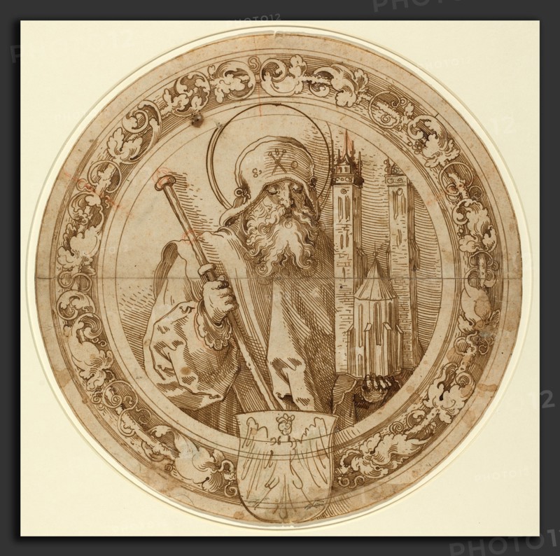 Sebald Beham (German, 1500 - 1550), Saint Sebald Carrying the Model of His Church in Nuremberg, c. 1521, pen and brown ink with touches of red chalk on laid paper