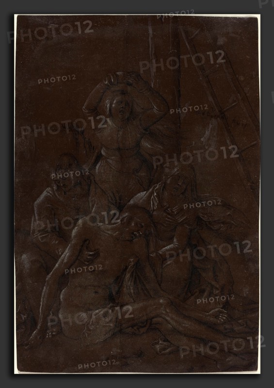 Hans Baldung Grien (German, 1484-1485 - 1545), The Lamentation, c. 1515, brush and black ink, heightened with white, on dark brown prepared paper; the surface varnished