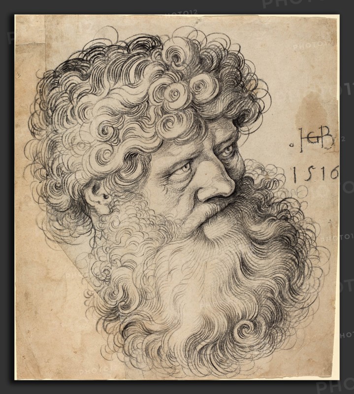 Hans Baldung Grien (German, 1484-1485 - 1545), Head of Saint John the Baptist, 1516, black chalk on two joined sheets of laid paper