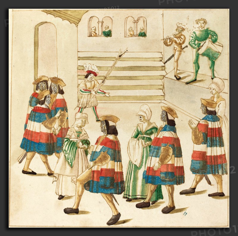 German 16th Century, Men in Red, White and Blue Dancing with  Their Partners, c. 1515, pen and brown ink with watercolor on laid paper