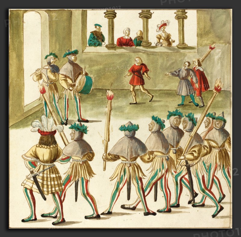 German 16th Century, Masquerade, c. 1515, pen and brown ink with watercolor on laid paper